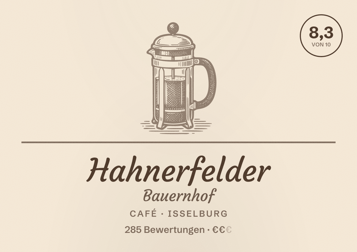 Illustriertes Poster von Hahnerfelder Bauernhof, Café in Isselburg: Gästebewertung 8,3 von 10 aus 285 Bewertungen