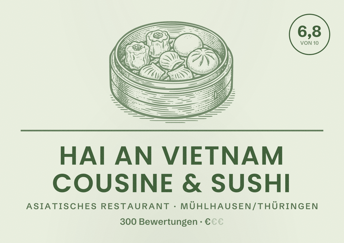 Illustriertes Poster von Hai an Vietnam Cousine & Sushi, Asiatisches Restaurant in Mühlhausen/Thüringen: Bewertung 6,8 von 10 aus 300 Bewertungen, Preisniveau €