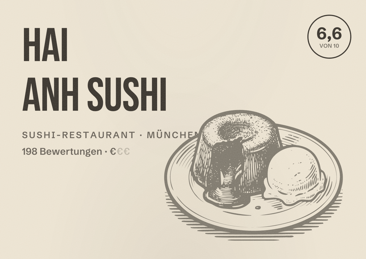 Illustriertes Poster von Hai Anh Sushi, Sushi-Restaurant in München: Bewertung 6,6 von 10 aus 198 Bewertungen, Preisniveau €