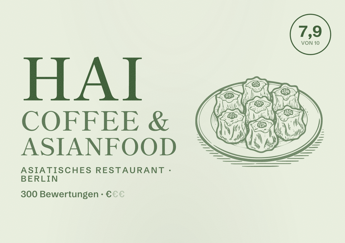 Illustriertes Poster von HAI Coffee & Asianfood, Asiatisches Restaurant in Berlin: Bewertung 7,9 von 10 aus 300 Bewertungen, Preisniveau €