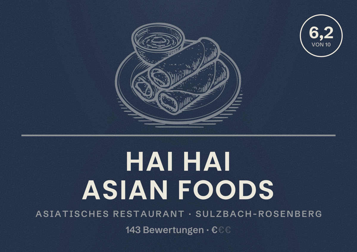 Illustriertes Poster von Hai Hai Asian Foods, Asiatisches Restaurant in Sulzbach-Rosenberg: Bewertung 6,2 von 10 aus 143 Bewertungen, Preisniveau €