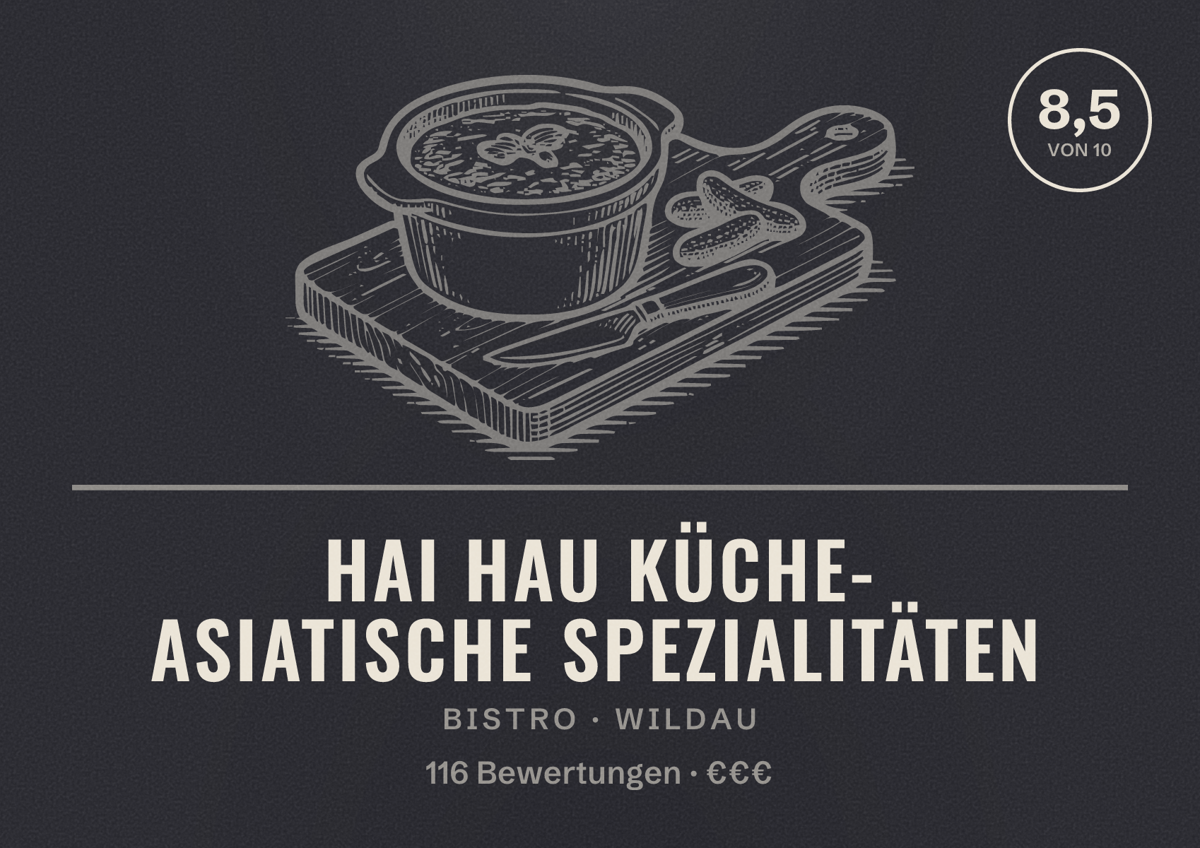 Illustriertes Poster von Hai Hau Küche- Asiatische Spezialitäten, Bistro in Wildau: Bewertung 8,5 von 10 aus 116 Bewertungen, Preisniveau €€€