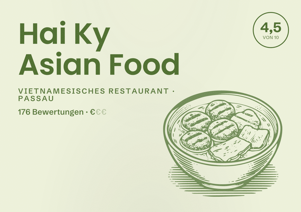 Illustriertes Poster von Hai Ky Asian Food, Vietnamesisches Restaurant in Passau: Bewertung 4,5 von 10 aus 176 Bewertungen, Preisniveau €