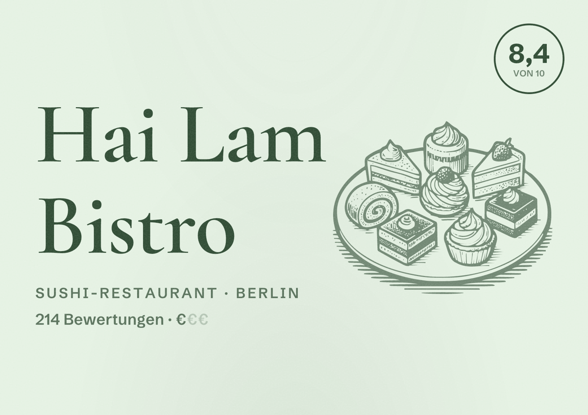 Illustriertes Poster von Hai Lam Bistro, Sushi-Restaurant in Berlin: Bewertung 8,4 von 10 aus 214 Bewertungen, Preisniveau €