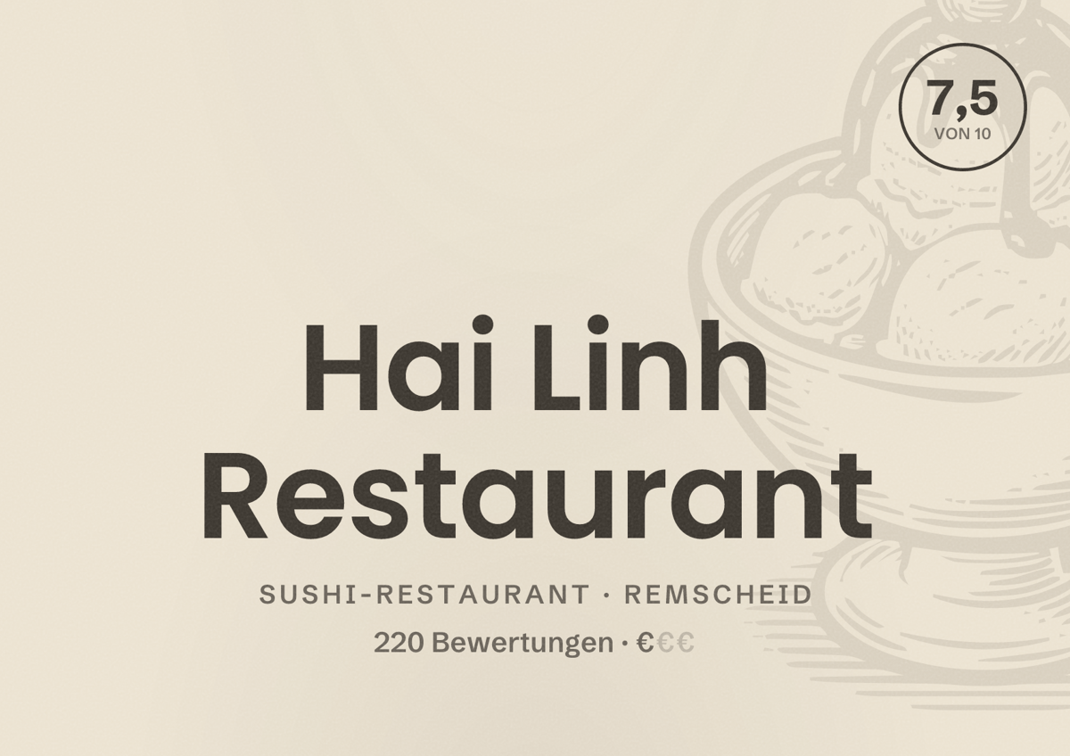 Illustriertes Poster von Hai Linh Restaurant, Sushi-Restaurant in Remscheid: Bewertung 7,5 von 10 aus 220 Bewertungen, Preisniveau €
