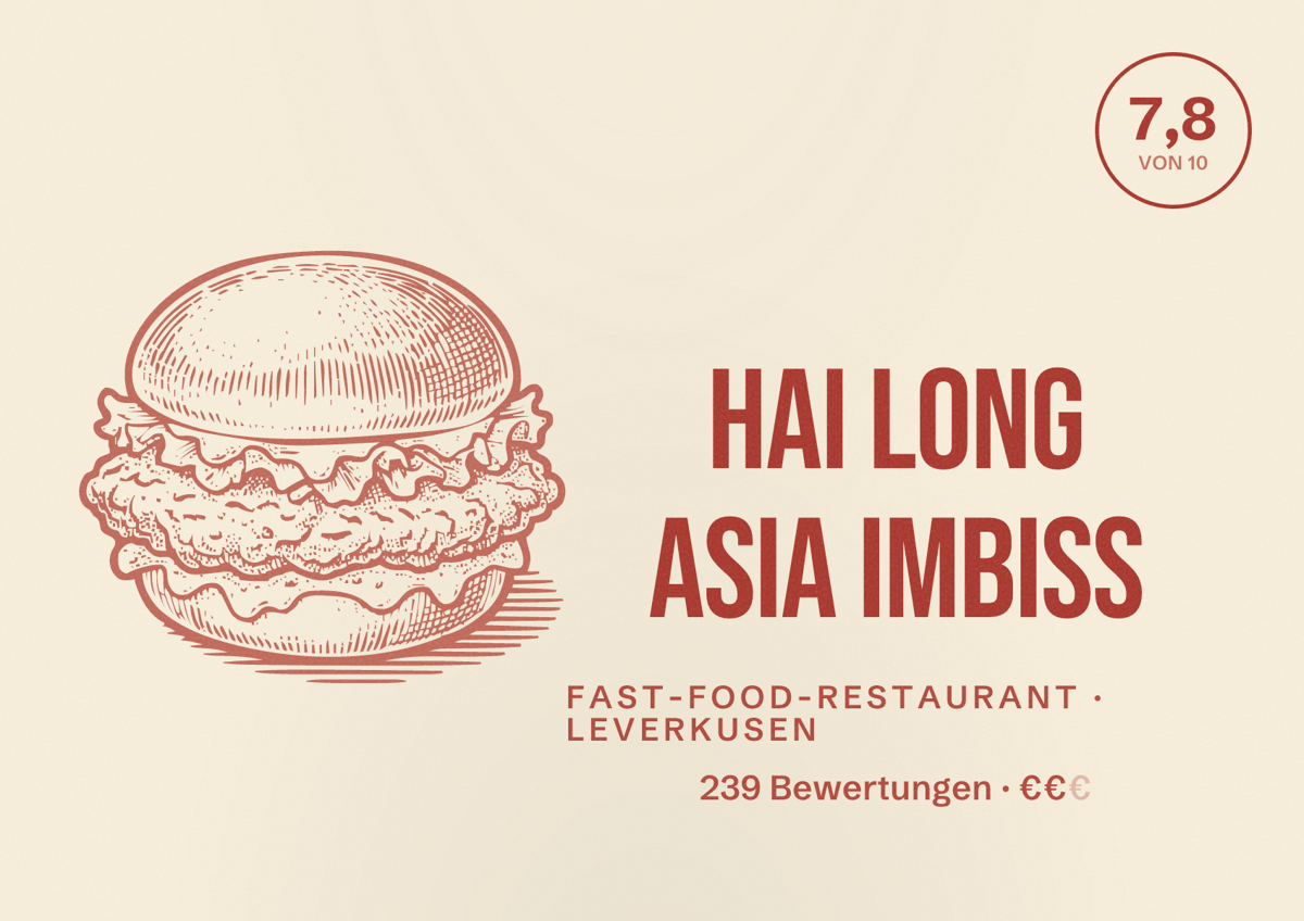 Illustriertes Poster von Hai Long Asia Imbiss, Fast-Food-Restaurant in Leverkusen: Bewertung 7,8 von 10 aus 239 Bewertungen, Preisniveau €€