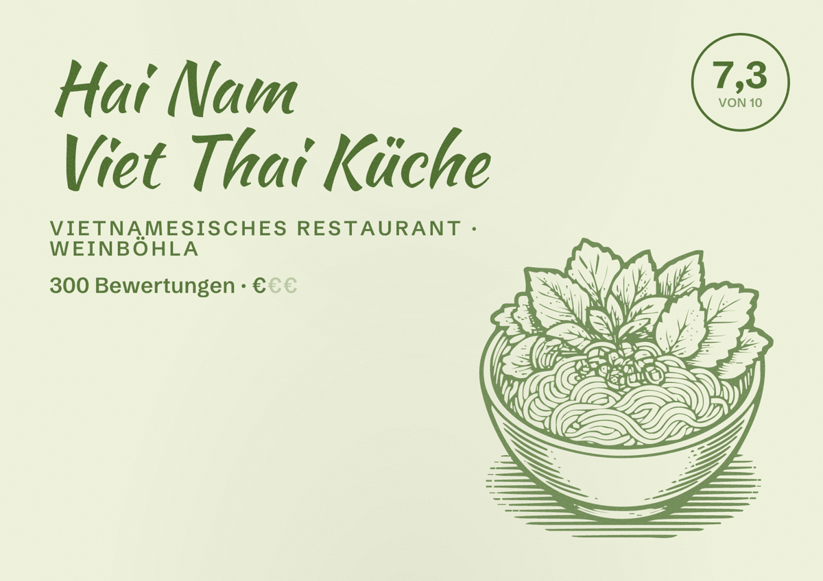 Illustriertes Poster von Hai Nam Viet Thai Küche, Vietnamesisches Restaurant in Weinböhla: Bewertung 7,3 von 10 aus 300 Bewertungen, Preisniveau €