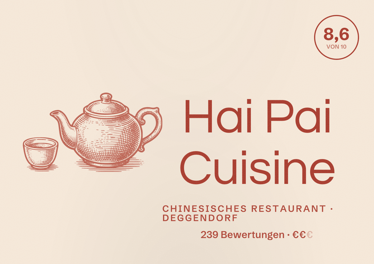 Illustriertes Poster von Hai Pai Cuisine, Chinesisches Restaurant in Deggendorf: Bewertung 8,6 von 10 aus 239 Bewertungen, Preisniveau €€
