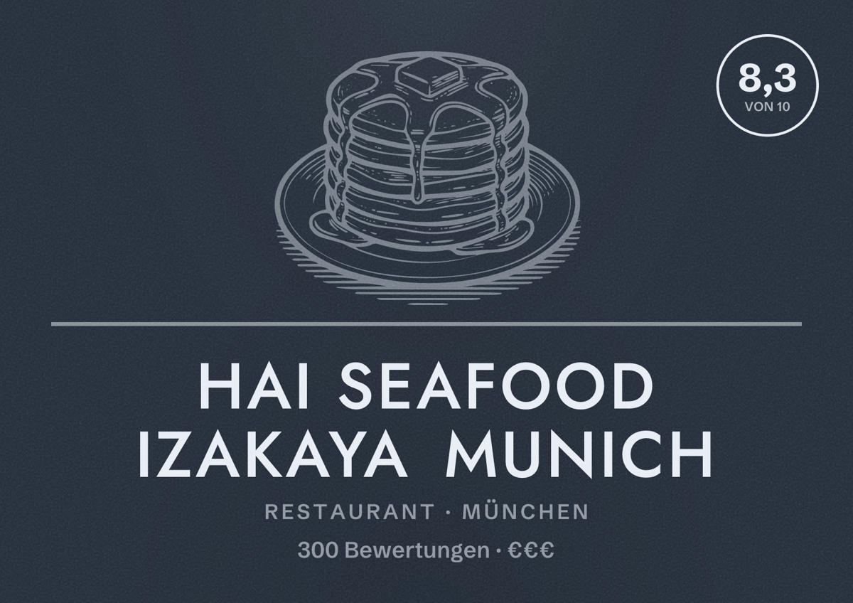 Illustriertes Poster von Hai Seafood Izakaya Munich, Restaurant in München: Bewertung 8,3 von 10 aus 300 Bewertungen, Preisniveau €€€