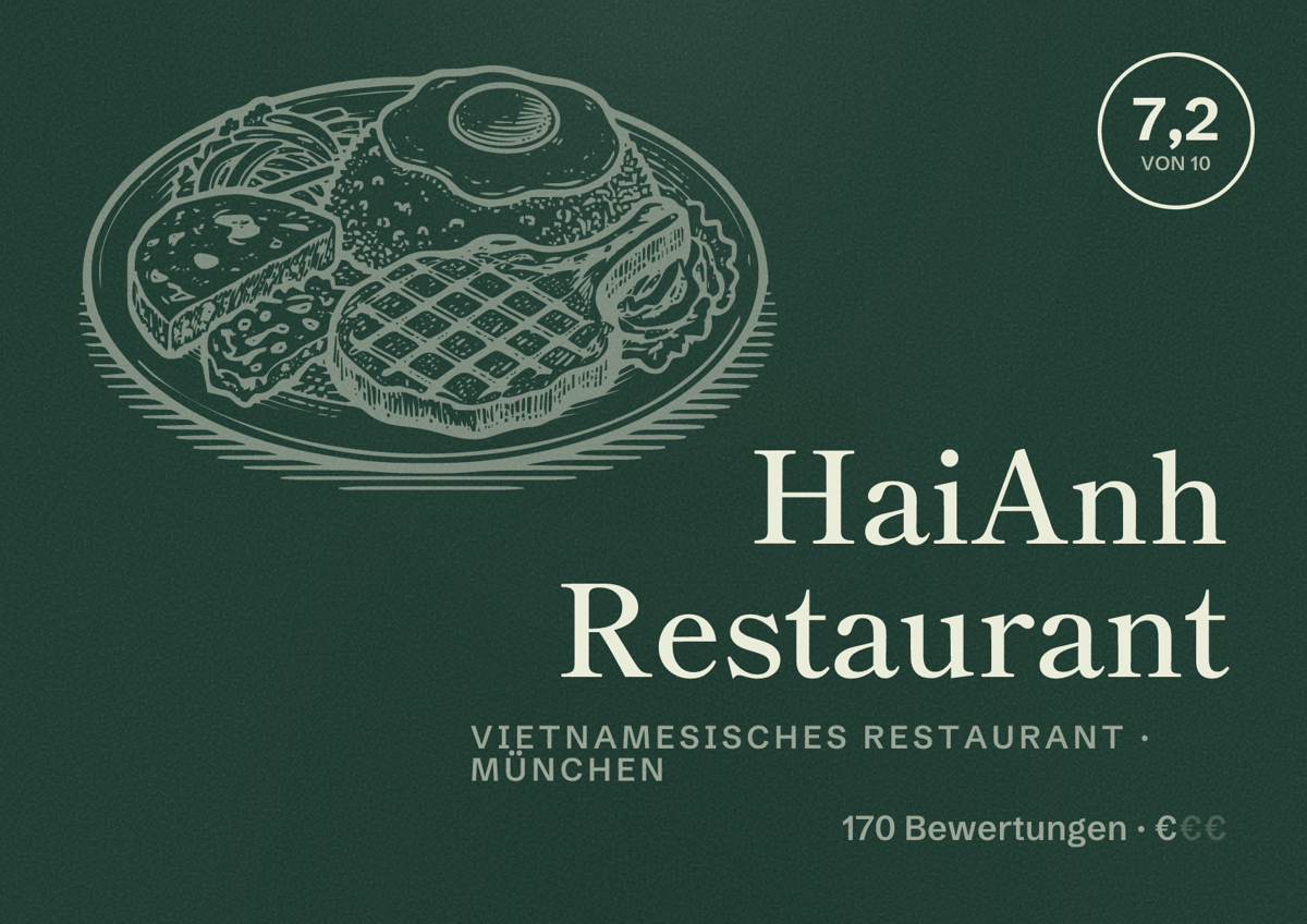 Illustriertes Poster von HaiAnh Restaurant, Vietnamesisches Restaurant in München: Bewertung 7,2 von 10 aus 170 Bewertungen, Preisniveau €
