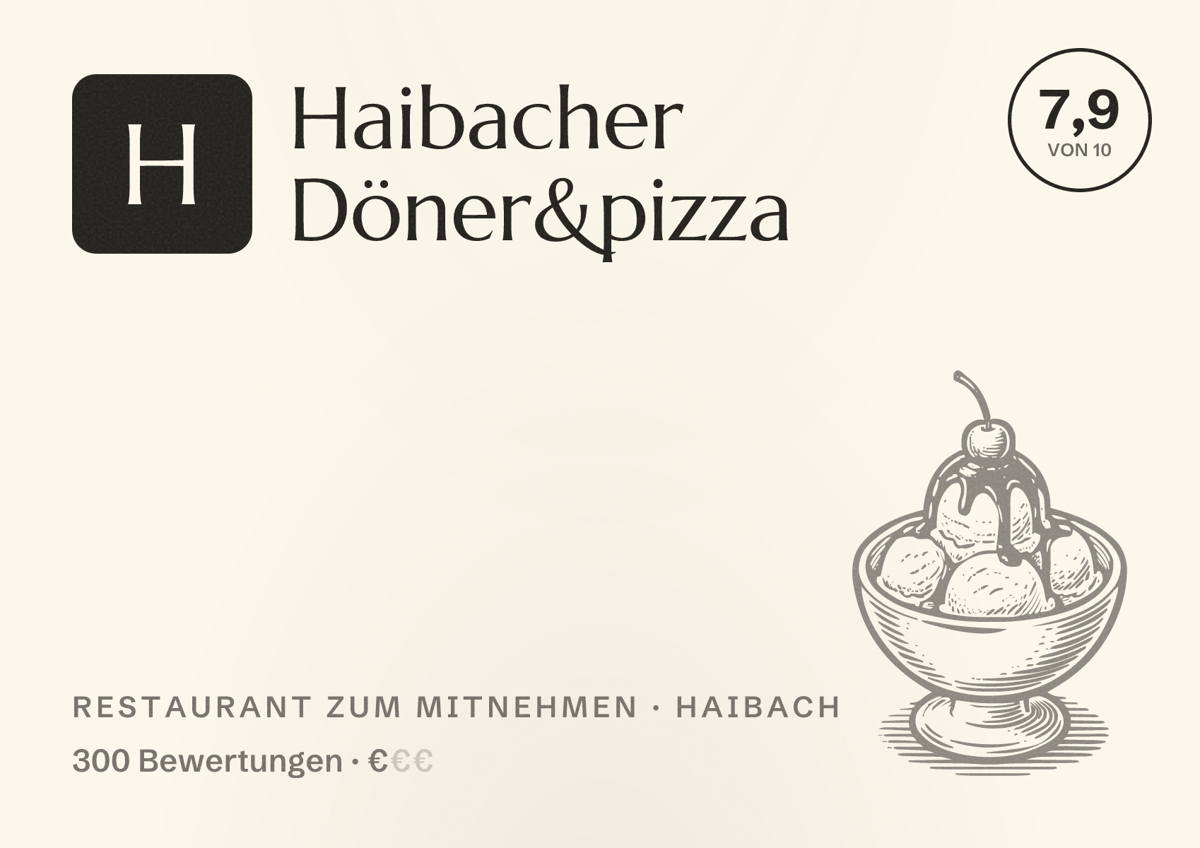 Illustriertes Poster von Haibacher Döner&pizza, Restaurant zum Mitnehmen in Haibach: Bewertung 7,9 von 10 aus 300 Bewertungen, Preisniveau €