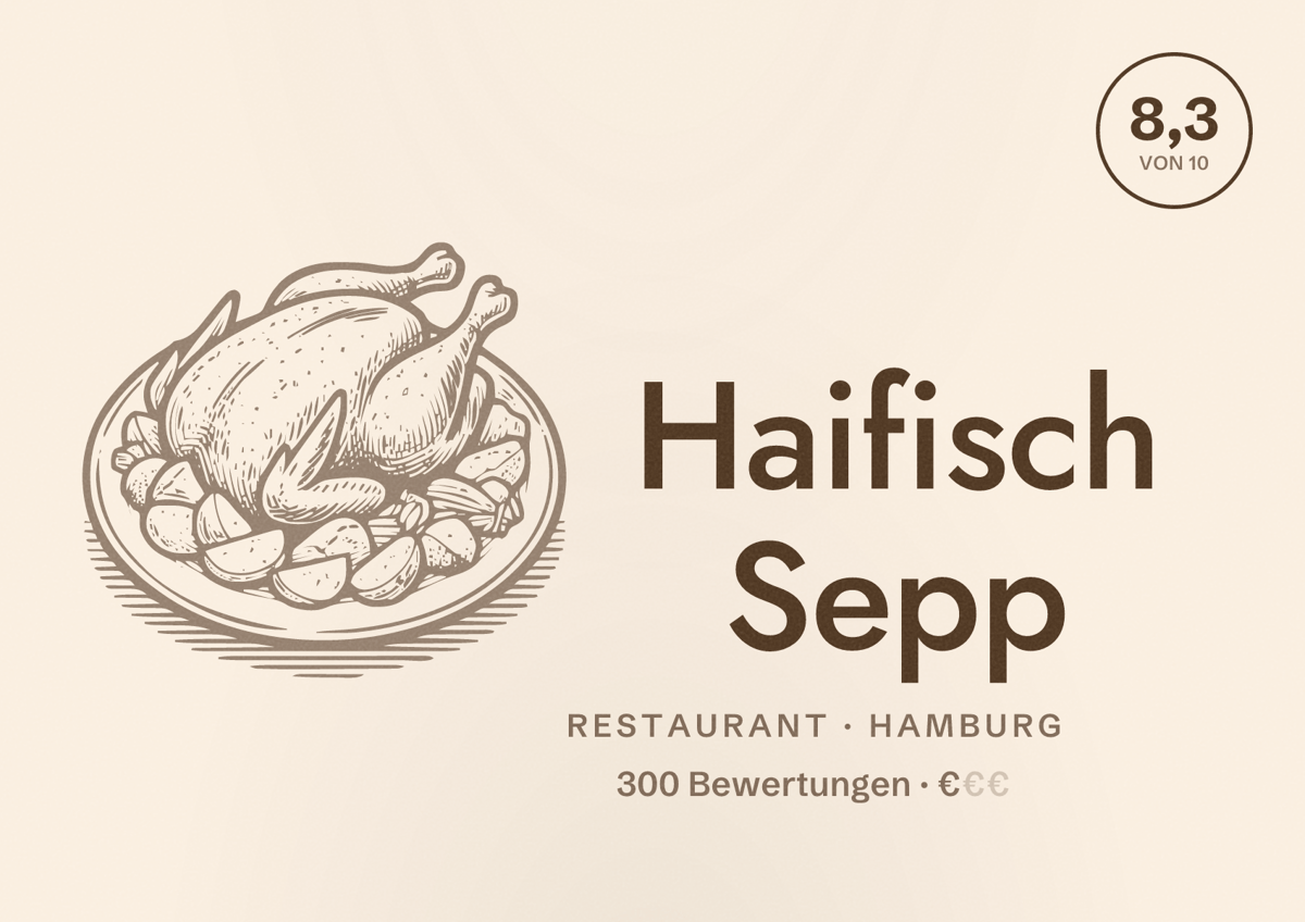 Illustriertes Poster von Haifisch Sepp, Restaurant in Hamburg: Bewertung 8,3 von 10 aus 300 Bewertungen, Preisniveau €