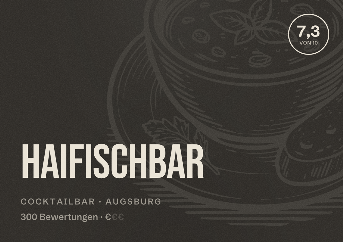 Illustriertes Poster von Haifischbar, Cocktailbar in Augsburg: Bewertung 7,3 von 10 aus 300 Bewertungen, Preisniveau €