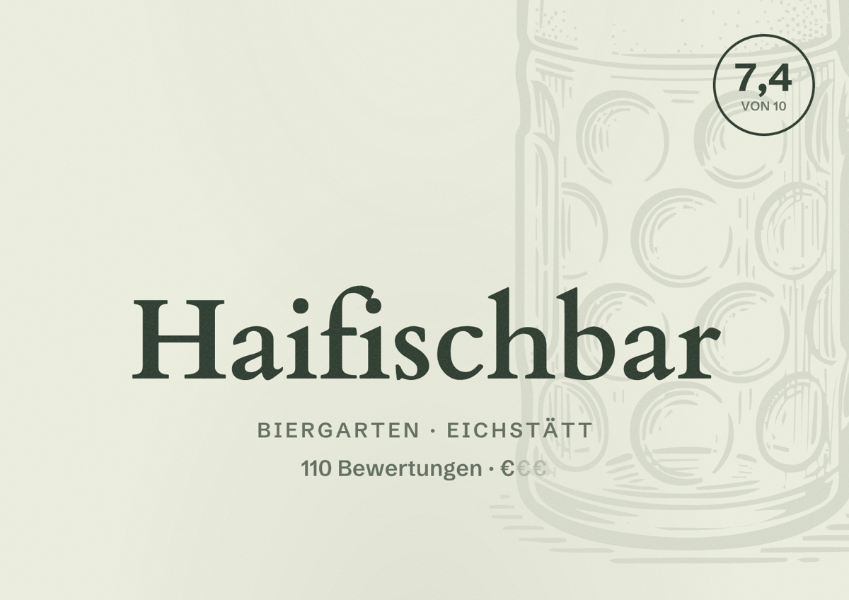Illustriertes Poster von Haifischbar, Biergarten in Eichstätt: Bewertung 7,4 von 10 aus 110 Bewertungen, Preisniveau €