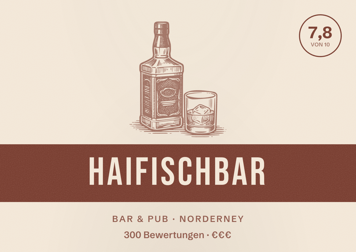 Illustriertes Poster von Haifischbar, Bar & Pub in Norderney: Bewertung 7,8 von 10 aus 300 Bewertungen, Preisniveau €€€