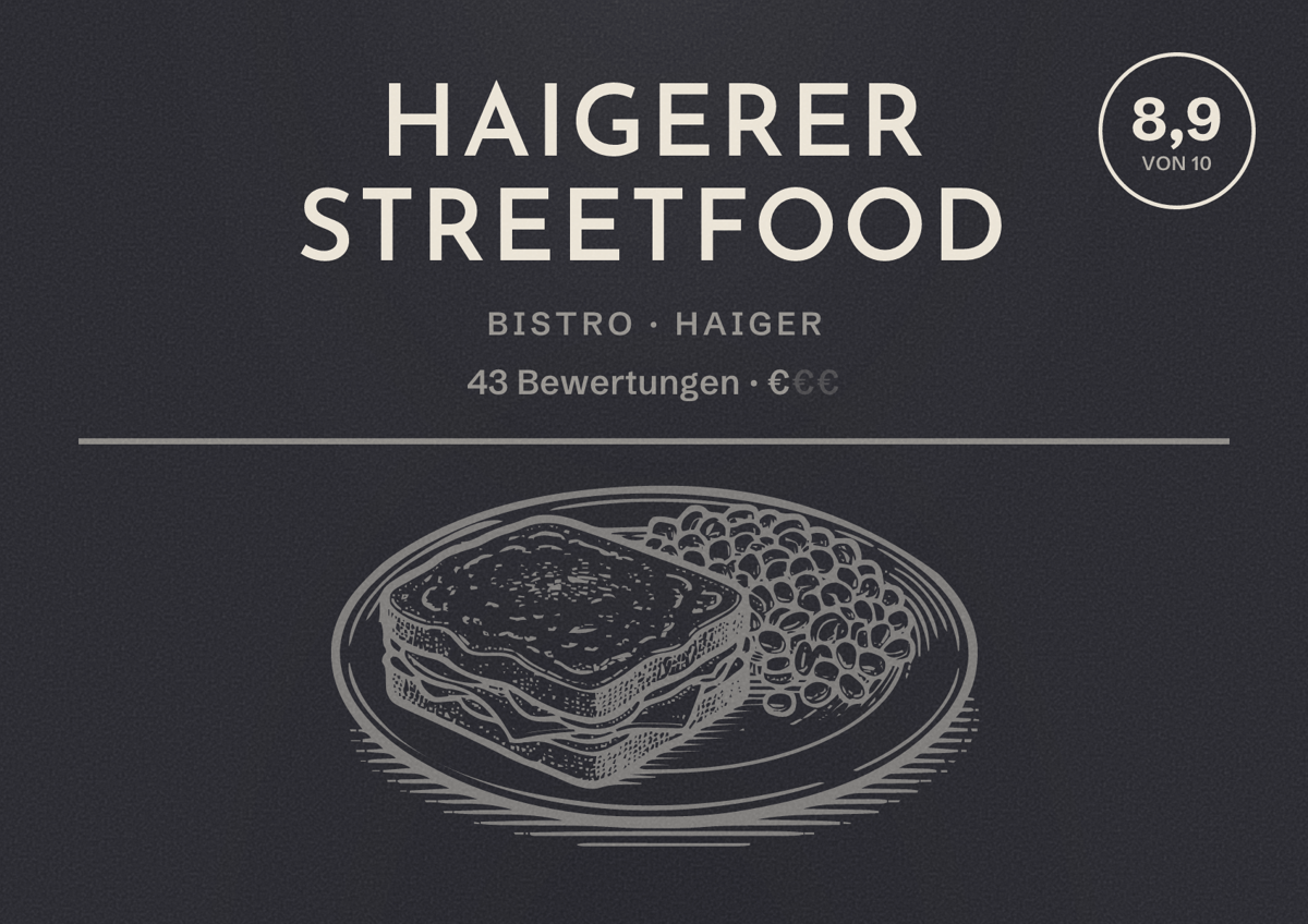 Illustriertes Poster von Haigerer Streetfood, Bistro in Haiger: Bewertung 8,9 von 10 aus 43 Bewertungen, Preisniveau €