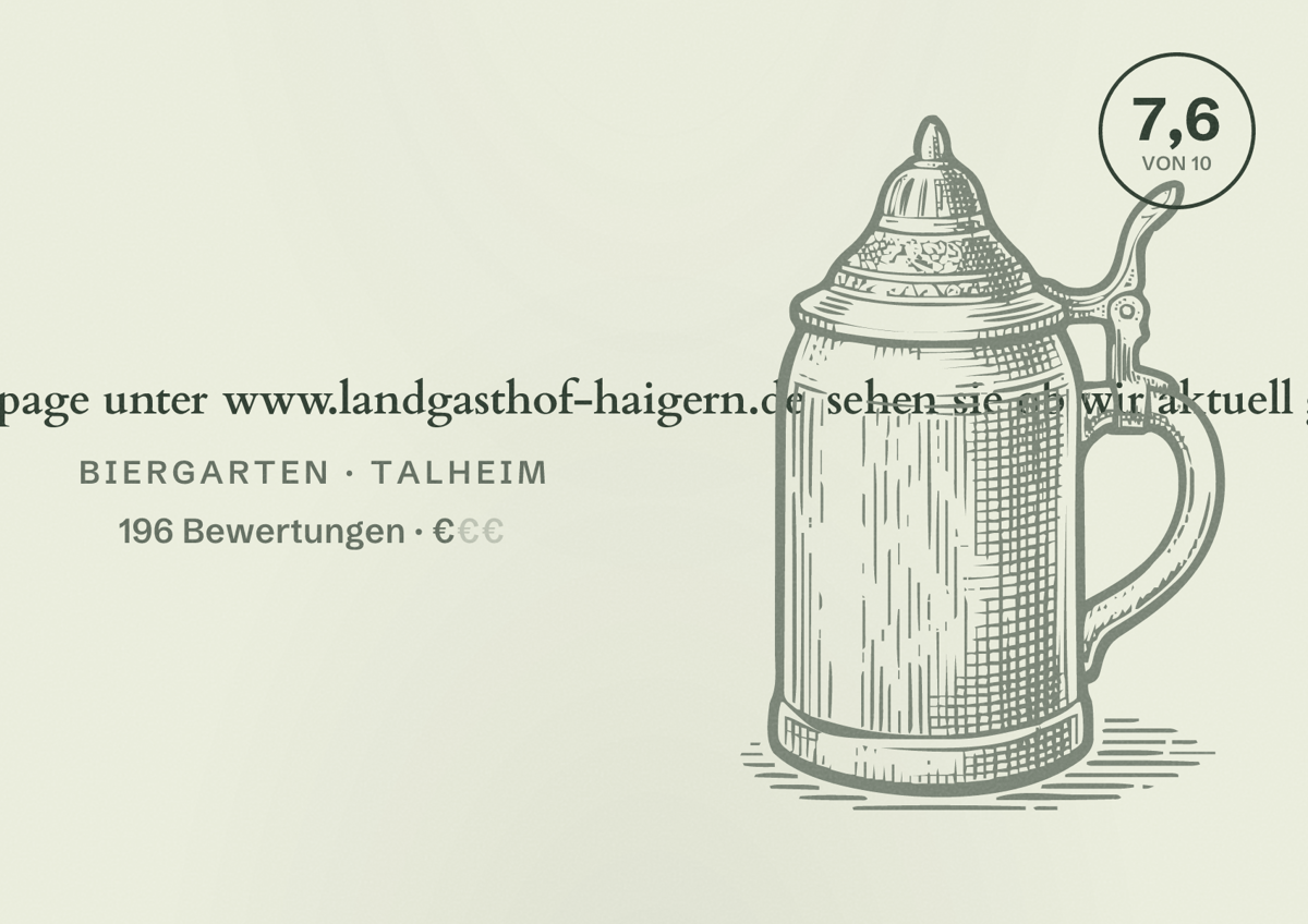 Illustriertes Poster von Haigern Biergarten ! Auf unserer Homepage unter www.landgasthof-haigern.de sehen sie ob wir aktuell geöffnet haben., Biergarten in Talheim: Bewertung 7,6 von 10 aus 196 Bewertungen, Preisniveau €