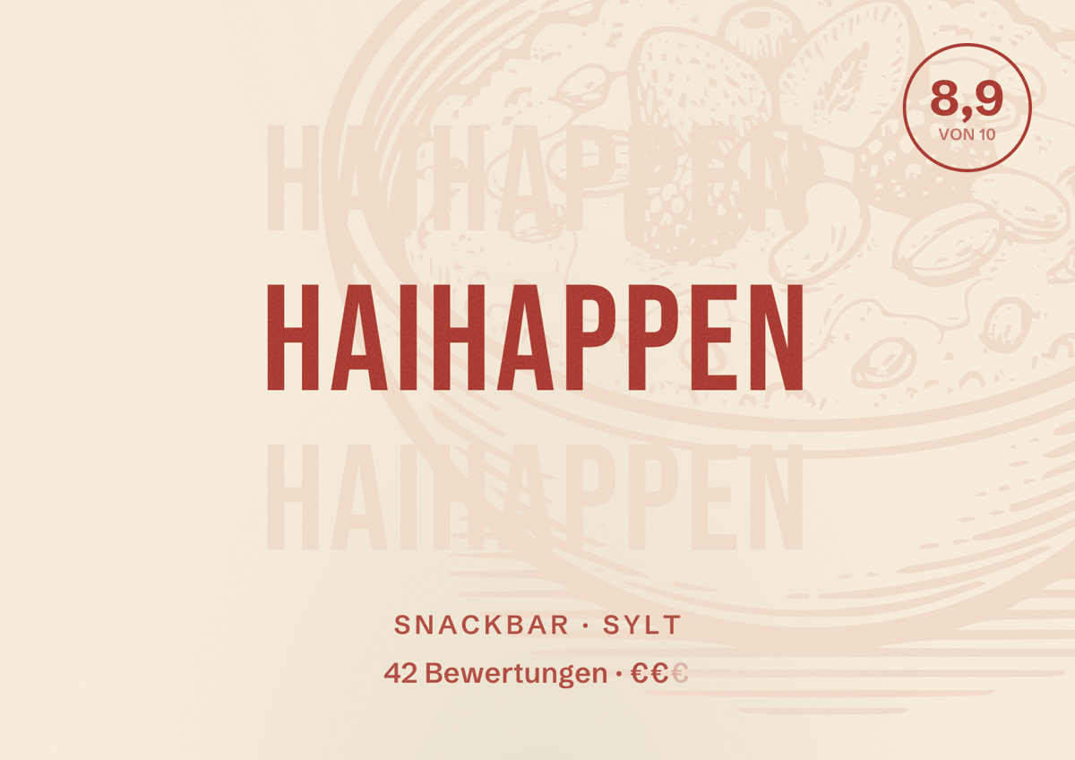 Illustriertes Poster von Haihappen, Snackbar in Sylt: Bewertung 8,9 von 10 aus 42 Bewertungen, Preisniveau €€