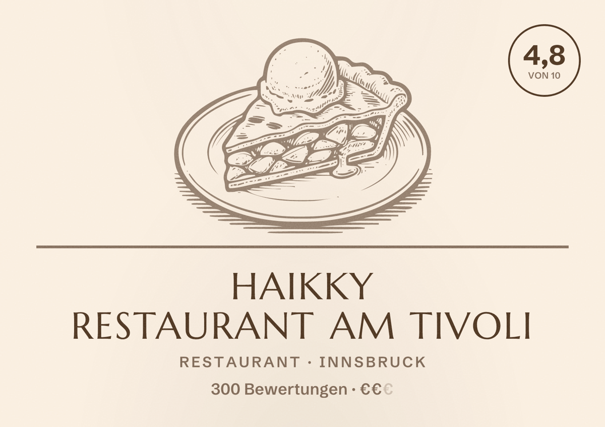 Illustriertes Poster von Haikky Restaurant am Tivoli, Restaurant in Innsbruck: Bewertung 4,8 von 10 aus 300 Bewertungen, Preisniveau €€