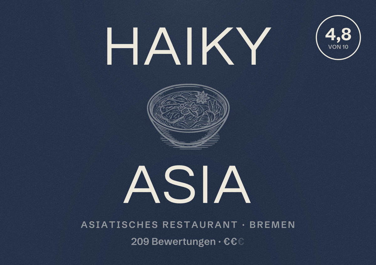 Illustriertes Poster von Haiky Asia, Asiatisches Restaurant in Bremen: Bewertung 4,8 von 10 aus 209 Bewertungen, Preisniveau €€