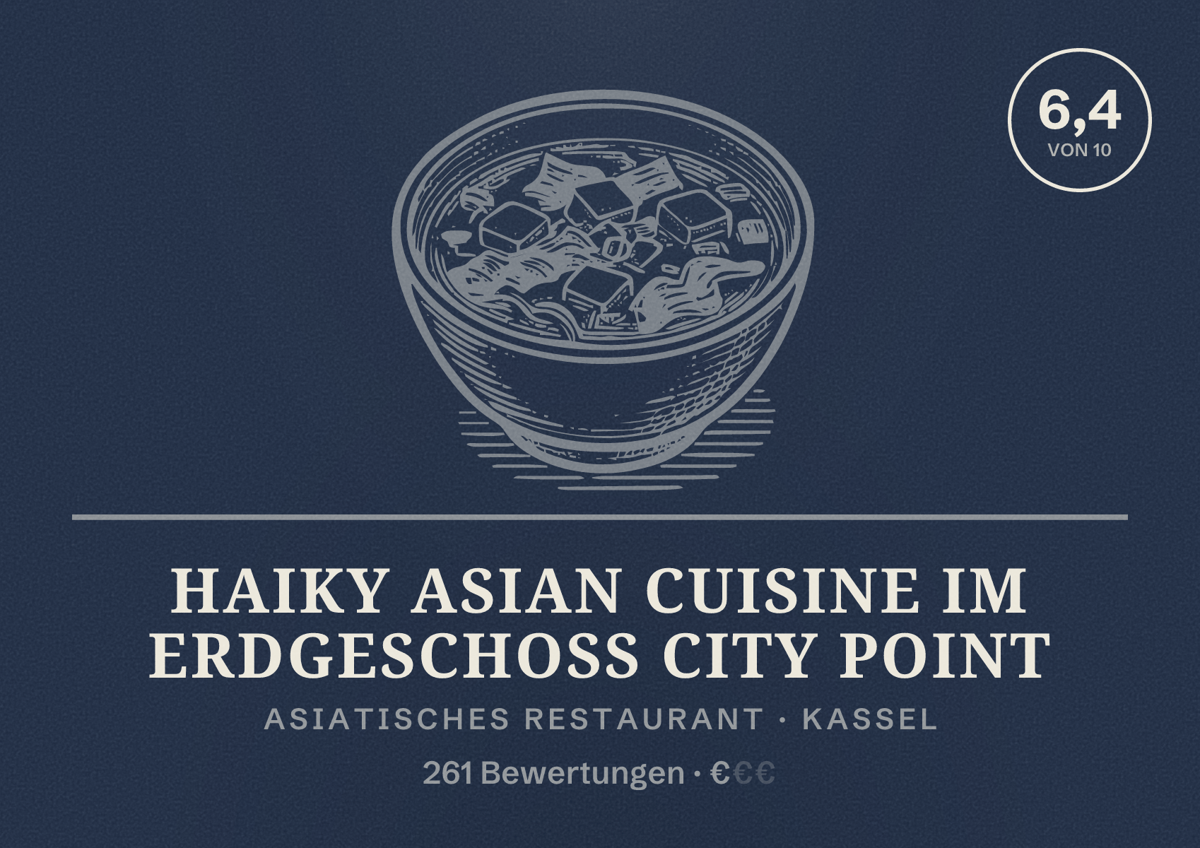 Illustriertes Poster von Haiky Asian Cuisine im Erdgeschoss City Point, Asiatisches Restaurant in Kassel: Bewertung 6,4 von 10 aus 261 Bewertungen, Preisniveau €
