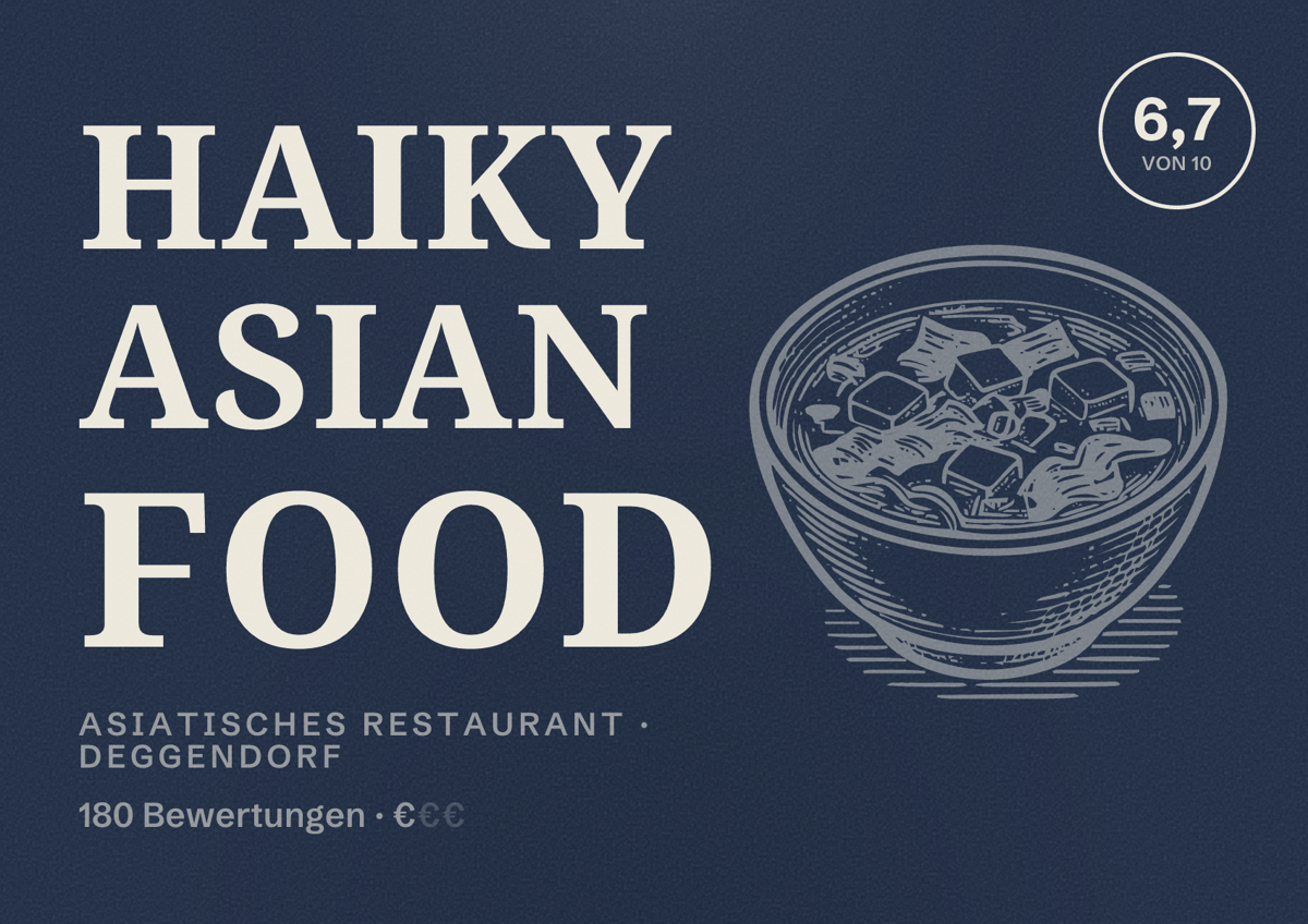 Illustriertes Poster von Haiky Asian Food, Asiatisches Restaurant in Deggendorf: Bewertung 6,7 von 10 aus 180 Bewertungen, Preisniveau €