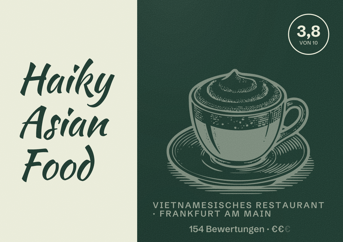 Illustriertes Poster von Haiky Asian Food, Vietnamesisches Restaurant in Frankfurt am Main: Bewertung 3,8 von 10 aus 154 Bewertungen, Preisniveau €€