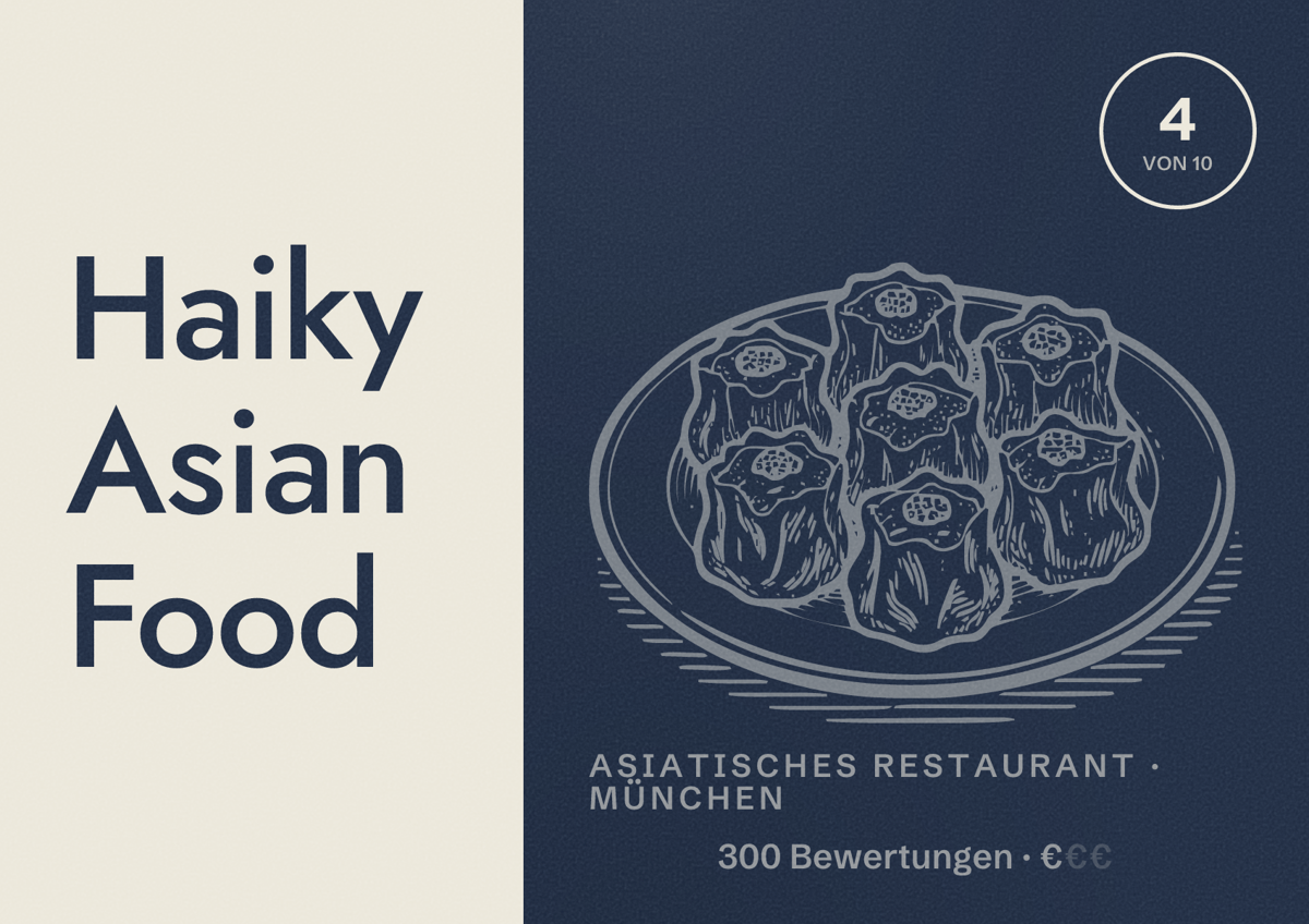 Illustriertes Poster von Haiky Asian Food, Asiatisches Restaurant in München: Bewertung 4,0 von 10 aus 300 Bewertungen, Preisniveau €