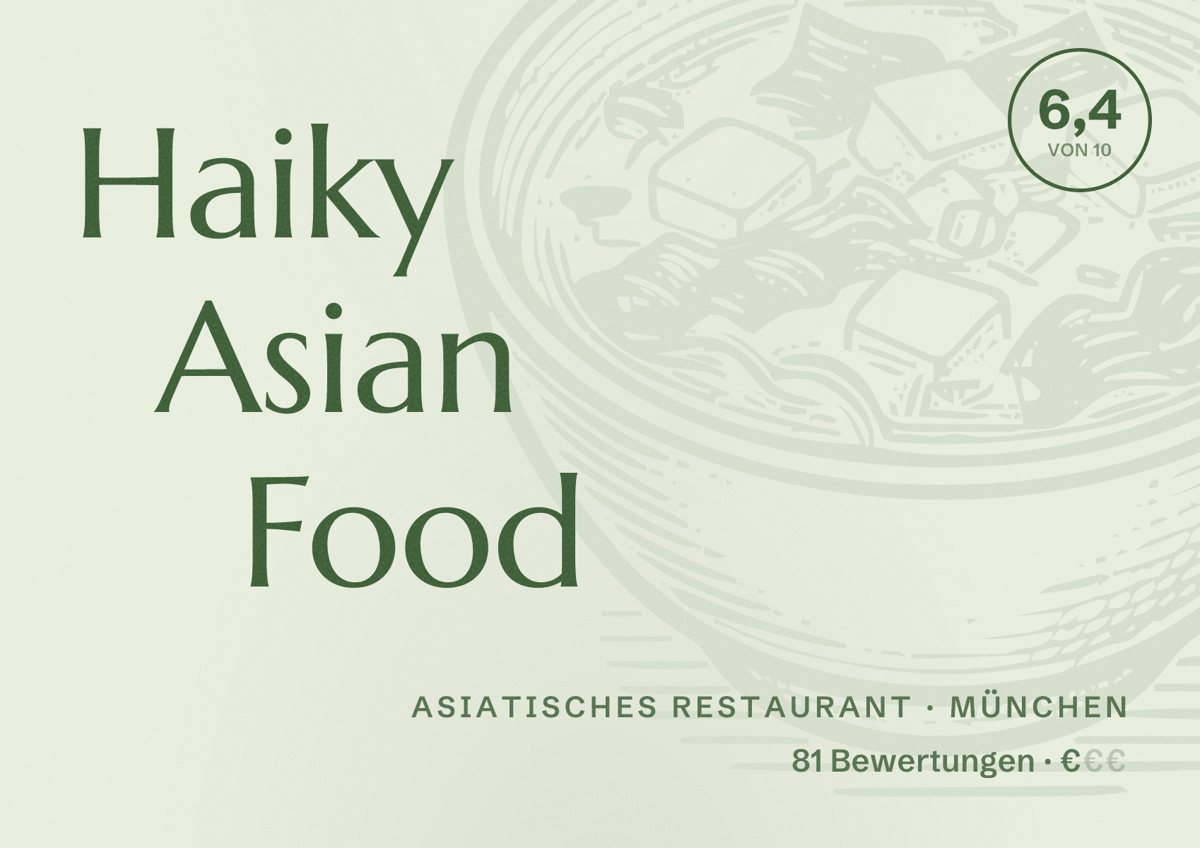 Illustriertes Poster von Haiky Asian Food, Asiatisches Restaurant in München: Bewertung 6,4 von 10 aus 81 Bewertungen, Preisniveau €