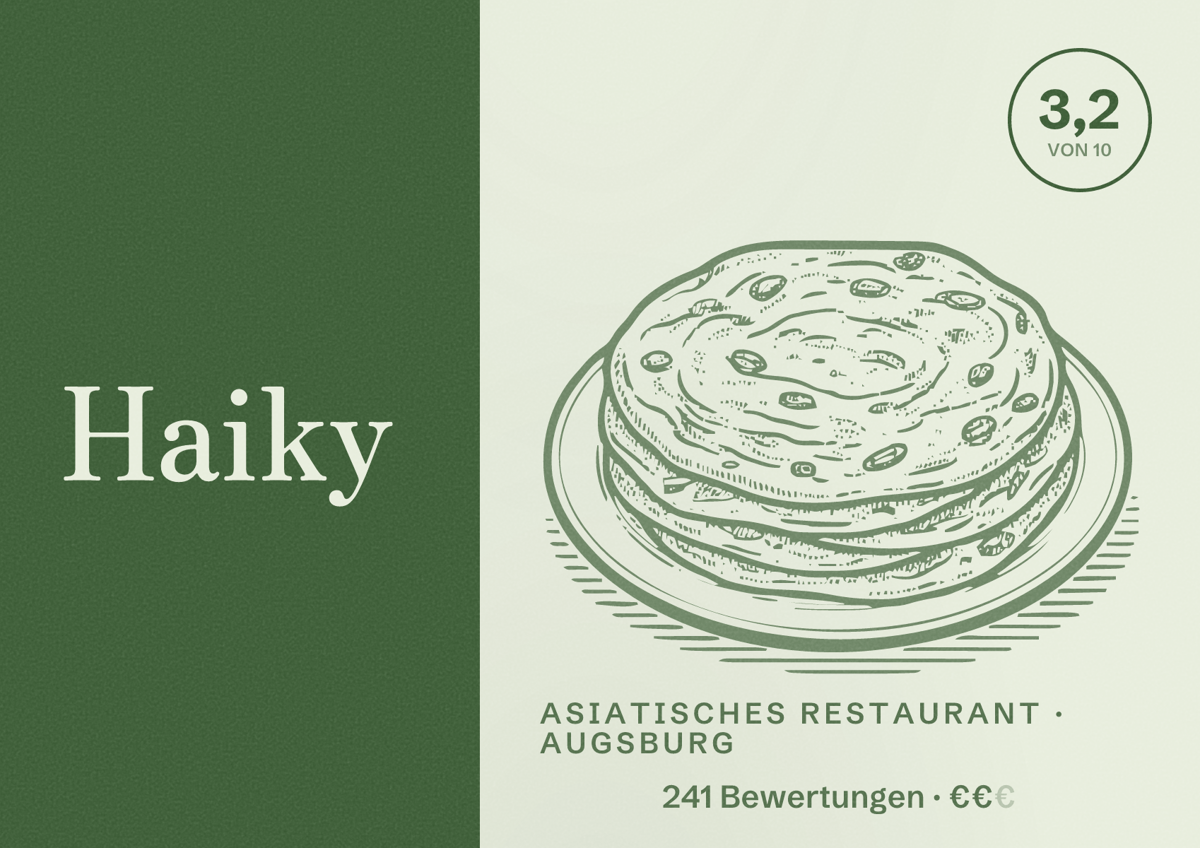 Illustriertes Poster von Haiky, Asiatisches Restaurant in Augsburg: Bewertung 3,2 von 10 aus 241 Bewertungen, Preisniveau €€