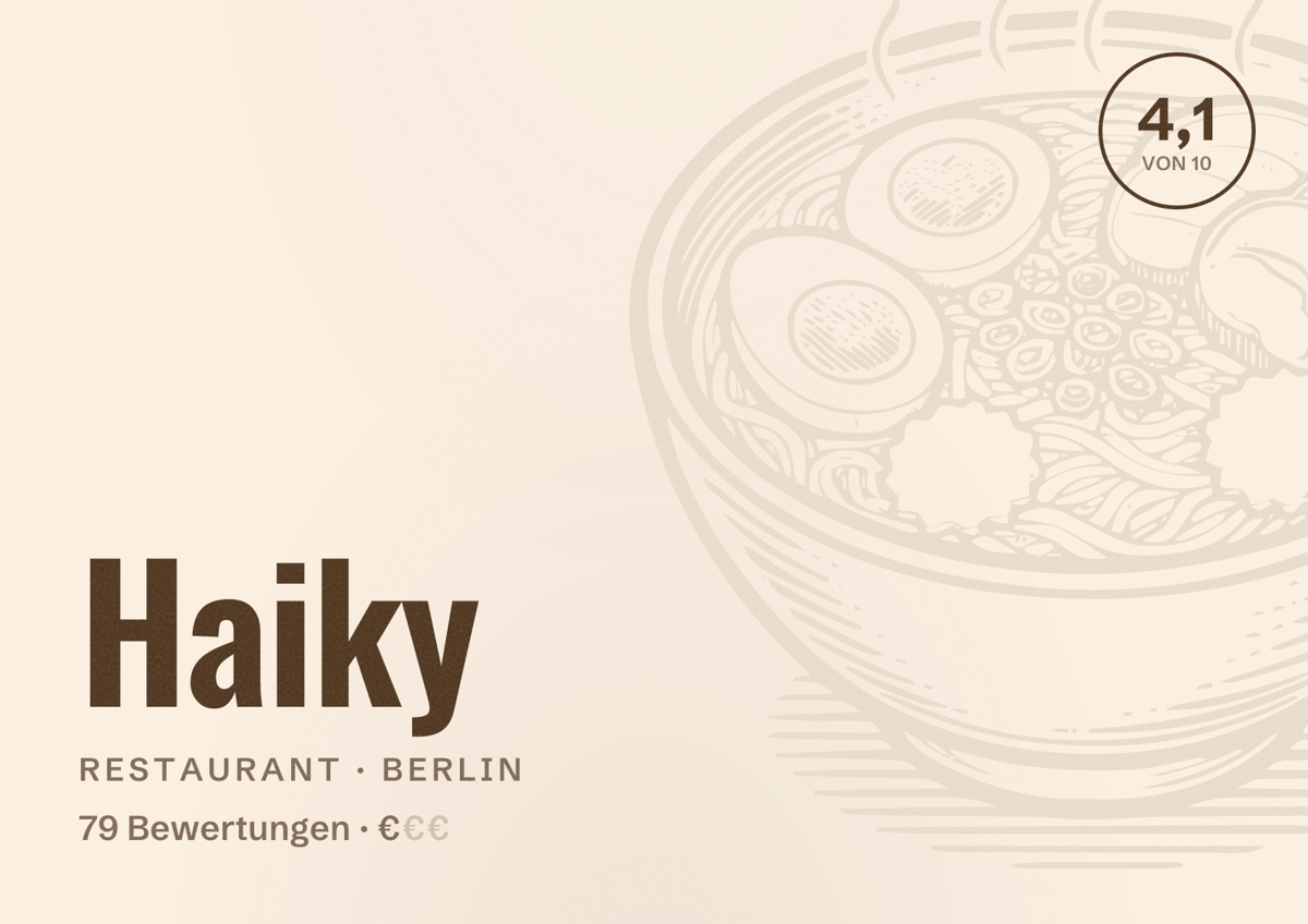 Illustriertes Poster von Haiky, Restaurant in Berlin: Bewertung 4,1 von 10 aus 79 Bewertungen, Preisniveau €
