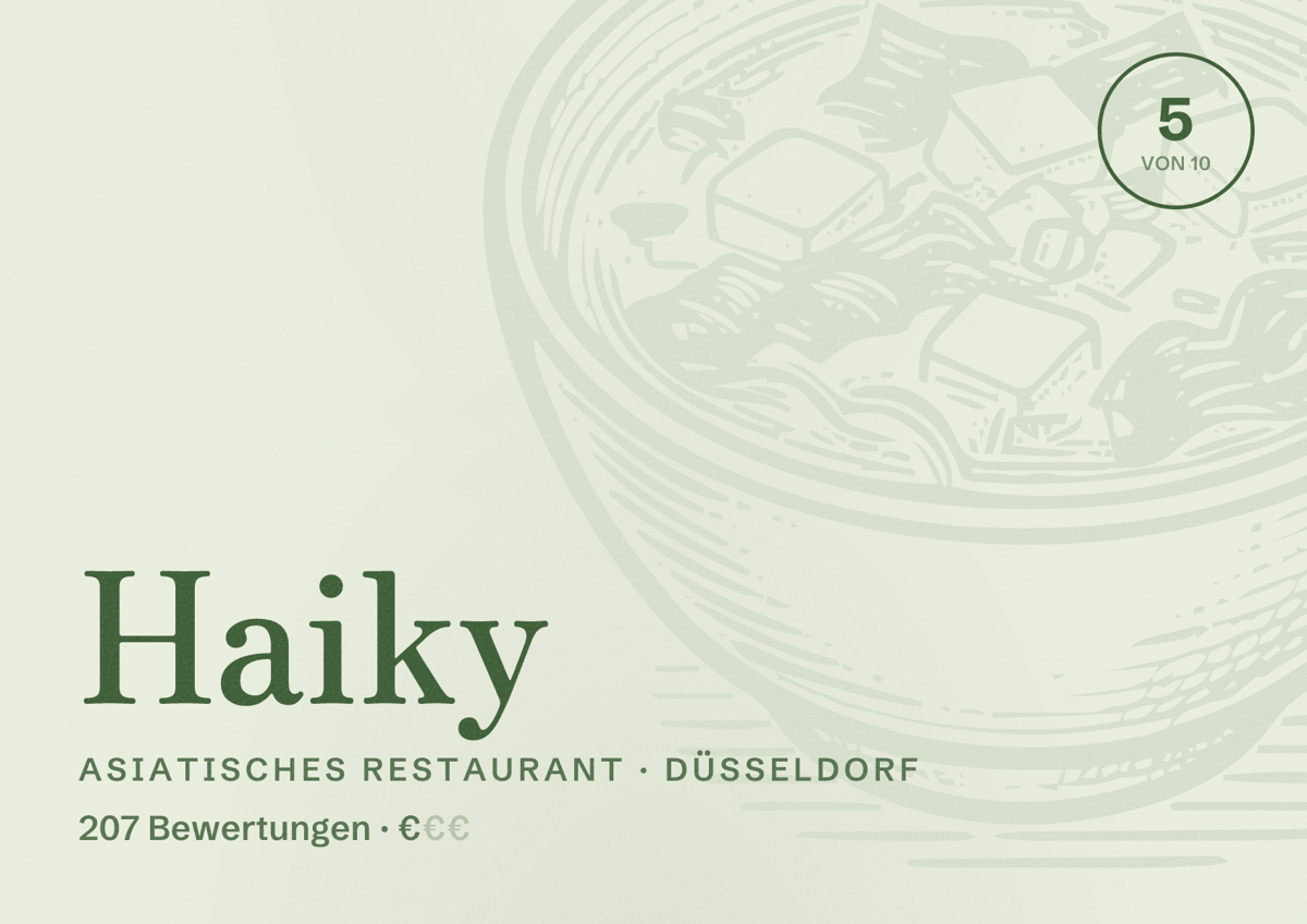 Illustriertes Poster von Haiky, Asiatisches Restaurant in Düsseldorf: Bewertung 5,0 von 10 aus 207 Bewertungen, Preisniveau €