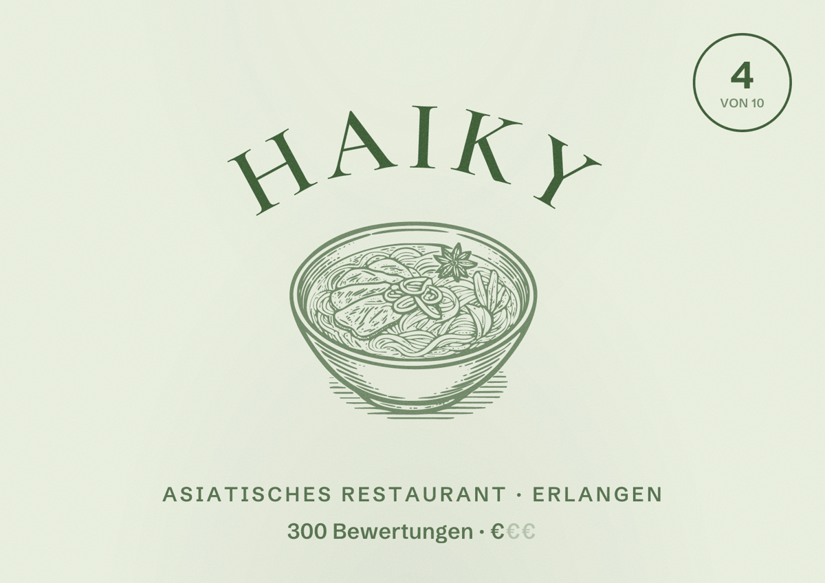 Illustriertes Poster von Haiky, Asiatisches Restaurant in Erlangen: Bewertung 4 von 10 aus 300 Bewertungen, Preisniveau €