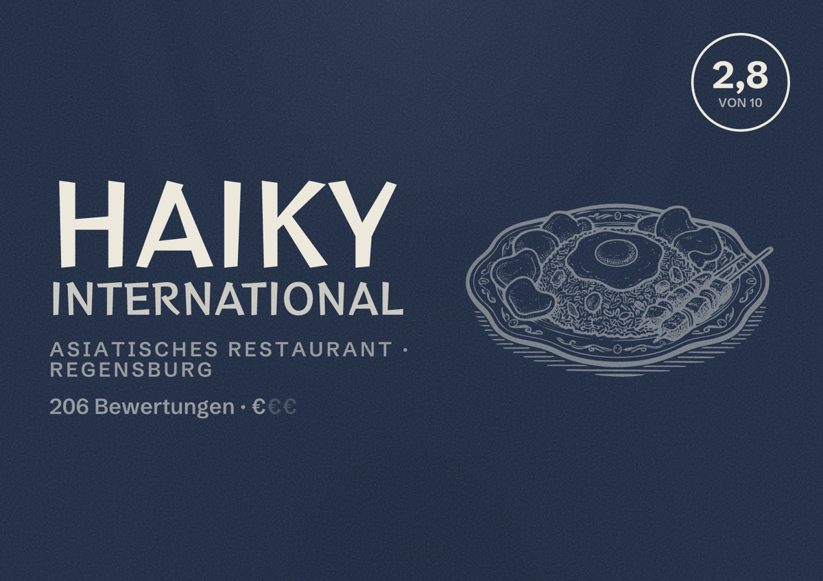 Illustriertes Poster von Haiky International, Asiatisches Restaurant in Regensburg: Bewertung 2,8 von 10 aus 206 Bewertungen, Preisniveau €
