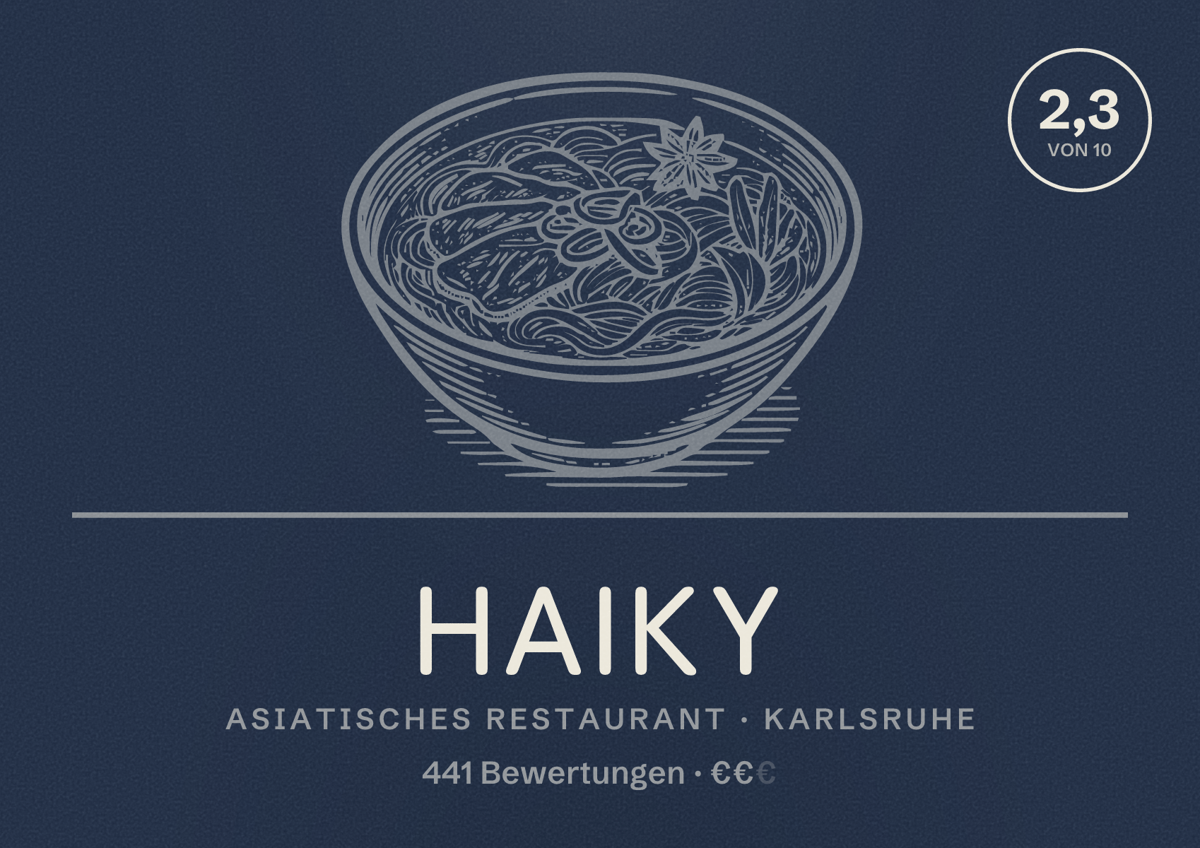 Illustriertes Poster von Haiky, Asiatisches Restaurant in Karlsruhe: Bewertung 2,3 von 10 aus 441 Bewertungen, Preisniveau €€