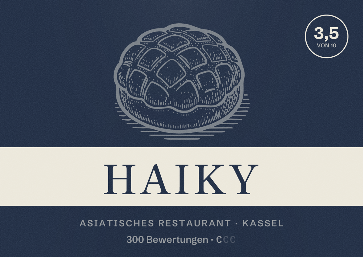 Illustriertes Poster von HAIKY, Asiatisches Restaurant in Kassel: Bewertung 3,5 von 10 aus 300 Bewertungen, Preisniveau €