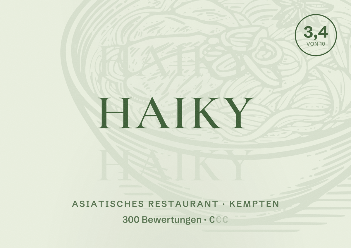 Illustriertes Poster von Haiky, Asiatisches Restaurant in Kempten: Bewertung 3,4 von 10 aus 300 Bewertungen, Preisniveau €