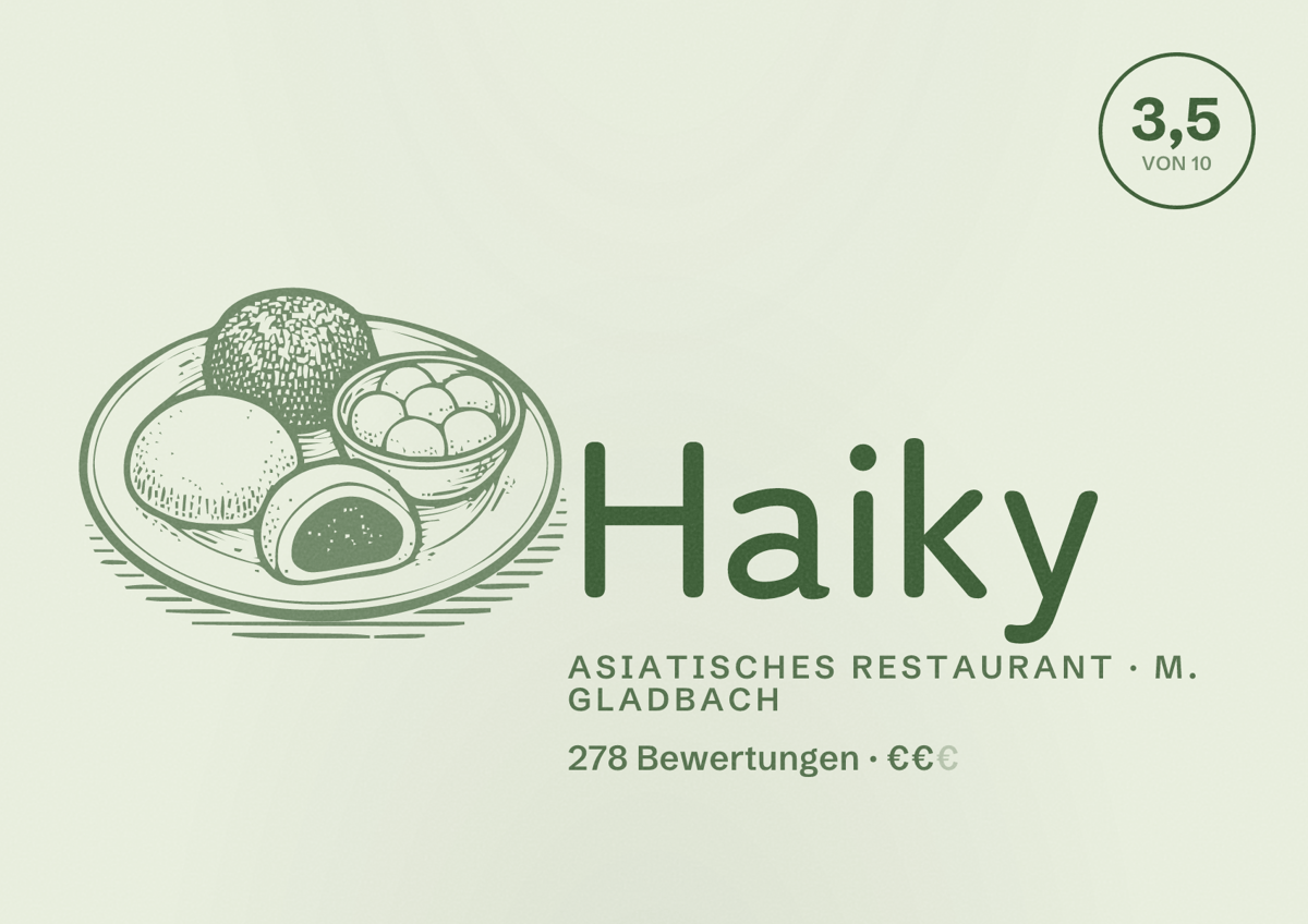 Illustriertes Poster von Haiky, Asiatisches Restaurant in M. Gladbach: Bewertung 3,5 von 10 aus 278 Bewertungen, Preisniveau €€