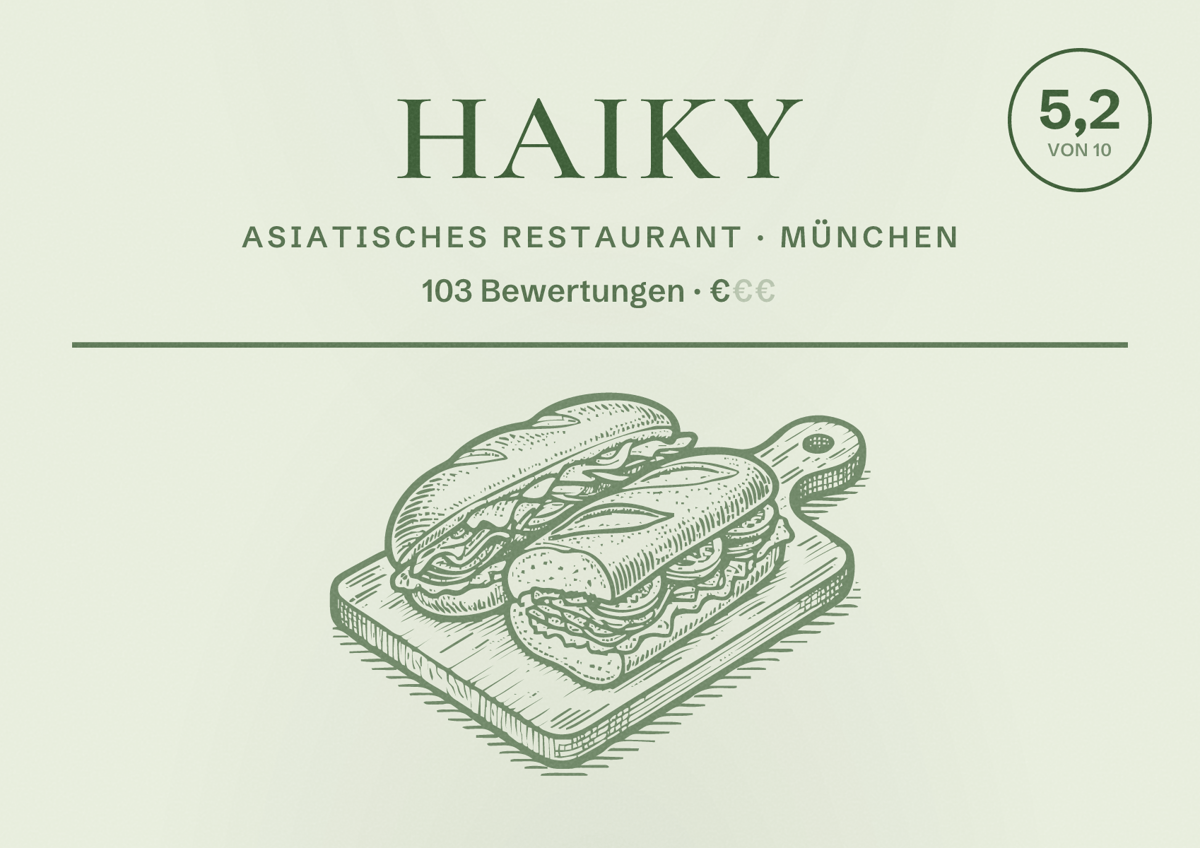 Illustriertes Poster von Haiky, Asiatisches Restaurant in München: Bewertung 5,2 von 10 aus 103 Bewertungen, Preisniveau €