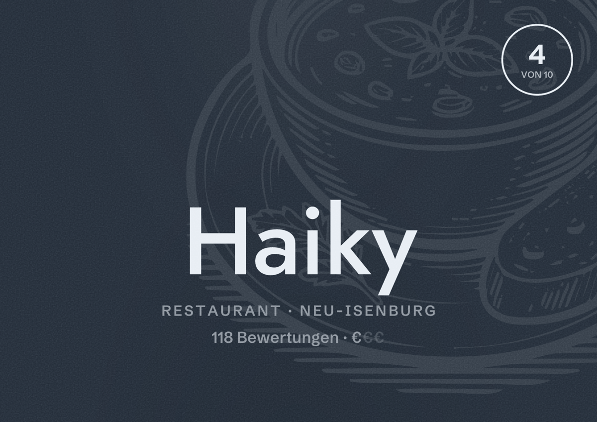 Illustriertes Poster von Haiky, Restaurant in Neu-Isenburg: Bewertung 4 von 10 aus 118 Bewertungen, Preisniveau €
