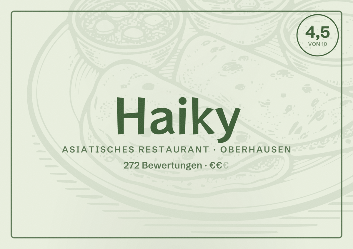 Illustriertes Poster von Haiky, Asiatisches Restaurant in Oberhausen: Bewertung 4,5 von 10 aus 272 Bewertungen, Preisniveau €€