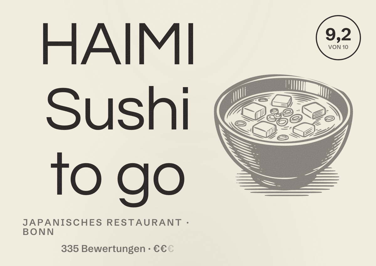 Illustriertes Poster von HAIMI Sushi to go, Japanisches Restaurant in Bonn: Bewertung 9,2 von 10 aus 335 Bewertungen, Preisniveau €€