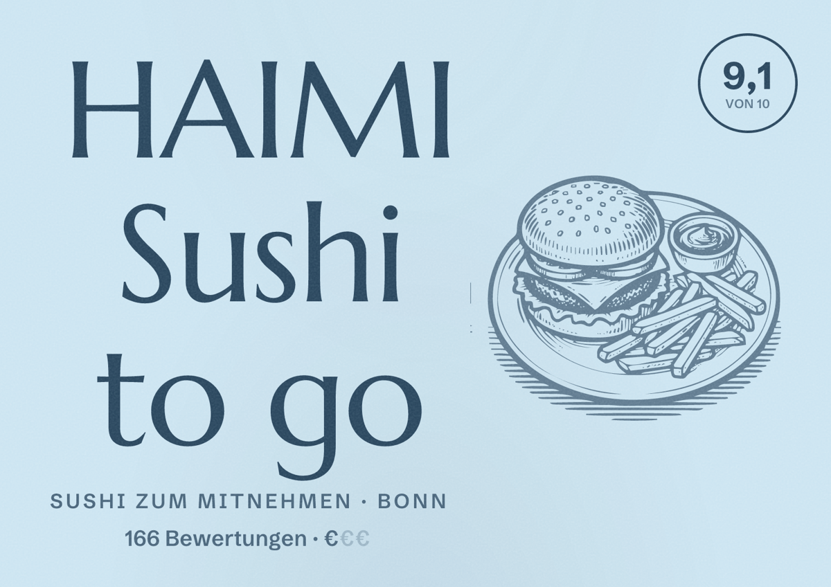 Illustriertes Poster von HAIMI Sushi to go, Sushi zum Mitnehmen in Bonn: Bewertung 9,1 von 10 aus 166 Bewertungen, Preisniveau €