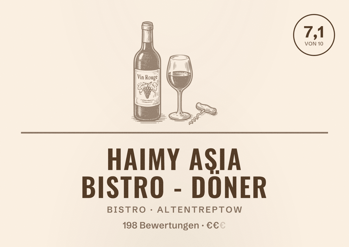 Illustriertes Poster von Haimy Asia Bistro - Döner, Bistro in Altentreptow: Bewertung 7,1 von 10 aus 198 Bewertungen, Preisniveau €€