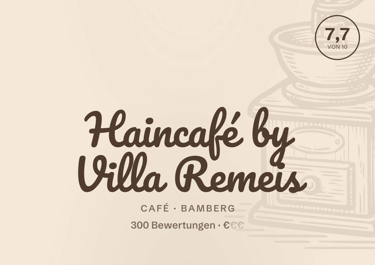 Illustriertes Poster von Haincafé by Villa Remeis, Café in Bamberg: Bewertung 7,7 von 10 aus 300 Bewertungen, Preisniveau €