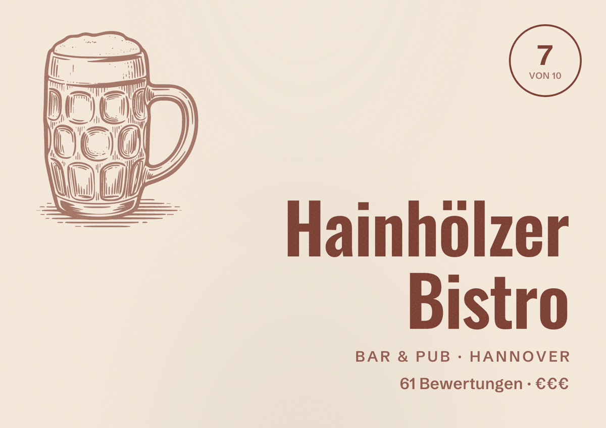Illustriertes Poster von Hainhölzer Bistro, Bar & Pub in Hannover: Bewertung 7 von 10 aus 61 Bewertungen, Preisniveau €€€