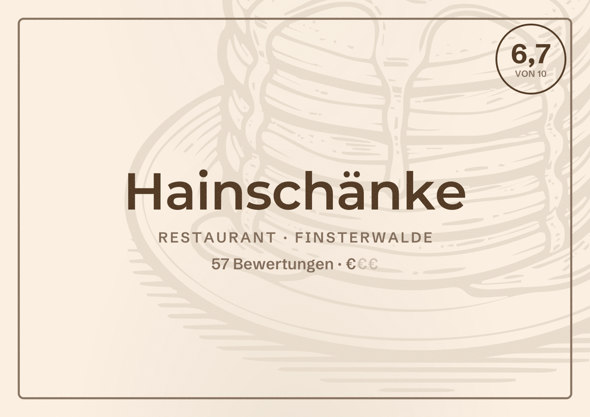 Illustriertes Poster von Hainschänke, Restaurant in Finsterwalde: Bewertung 6,7 von 10 aus 57 Bewertungen, Preisniveau €