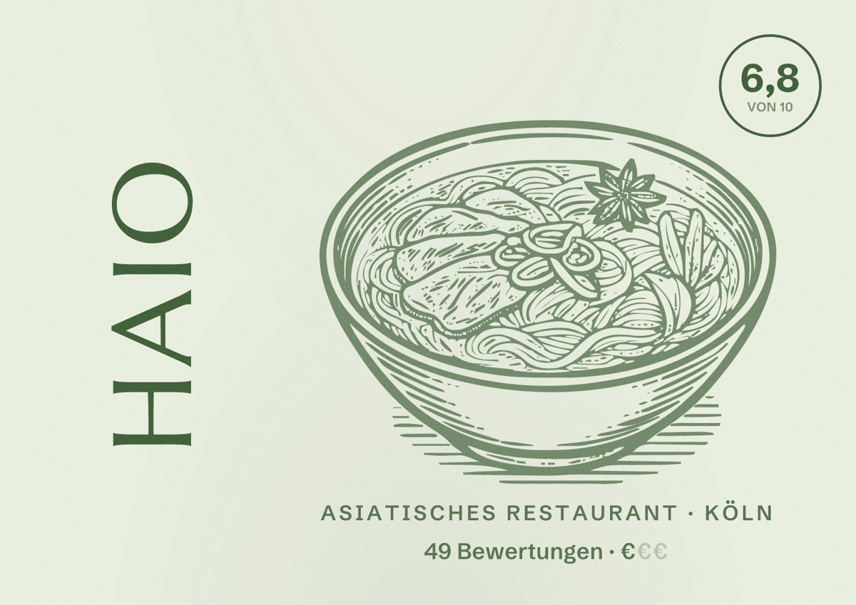 Illustriertes Poster von Haio, Asiatisches Restaurant in Köln: Bewertung 6,8 von 10 aus 49 Bewertungen, Preisniveau €