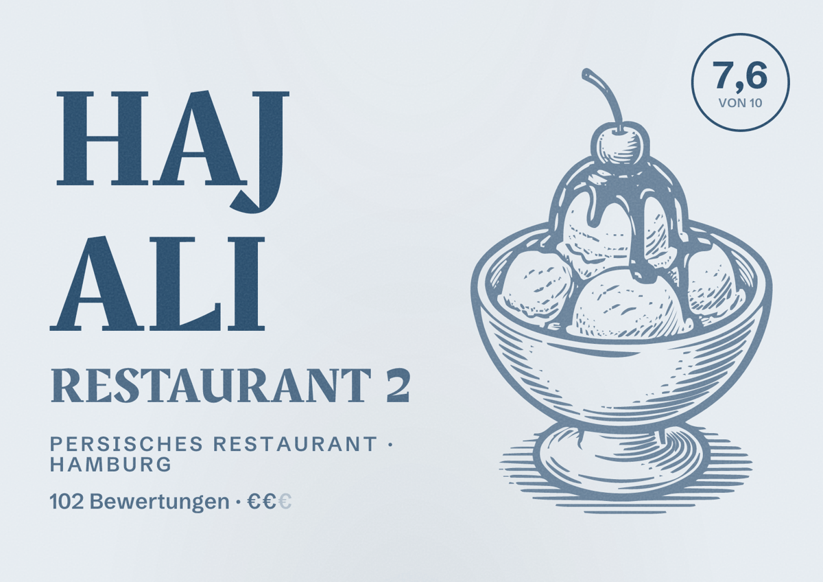 Illustriertes Poster von Haj Ali Restaurant 2, Persisches Restaurant in Hamburg: Bewertung 7,6 von 10 aus 102 Bewertungen, Preisniveau €€