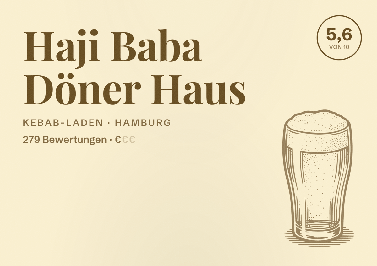 Illustriertes Poster von Haji Baba Döner Haus, Kebab-Laden in Hamburg: Bewertung 5,6 von 10 aus 279 Bewertungen, Preisniveau €
